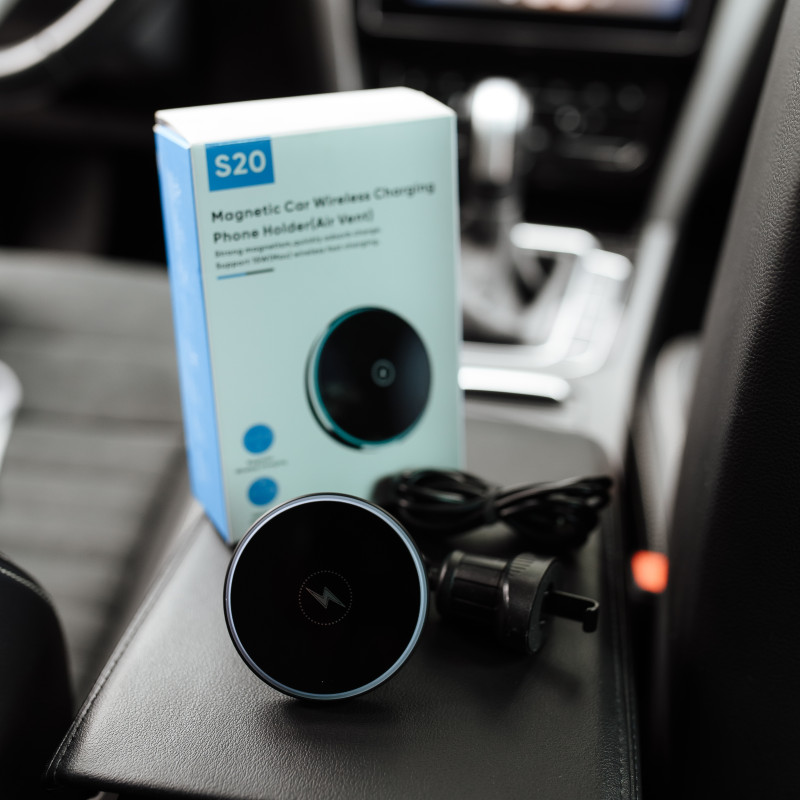 Автомобільний магнітний тримач S20 з бездротовою зарядкою 15W, 2 кріплення в комплекті