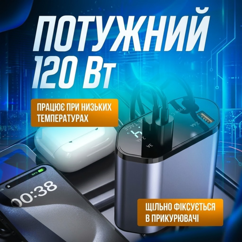 Автомобільний зарядний пристрій USB/Type-C зі швидкою зарядкою, вбудованими кабелями Lightning і Type-C, дисплеєм та розгалужувачем прикурювача