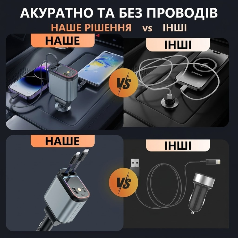 Автомобильный адаптер 4в1 для прикуривателя, быстрая зарядка, черный корпус