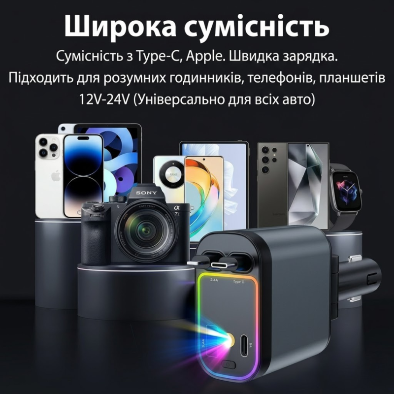 Автомобильный адаптер 4в1 для прикуривателя, быстрая зарядка, черный корпус
