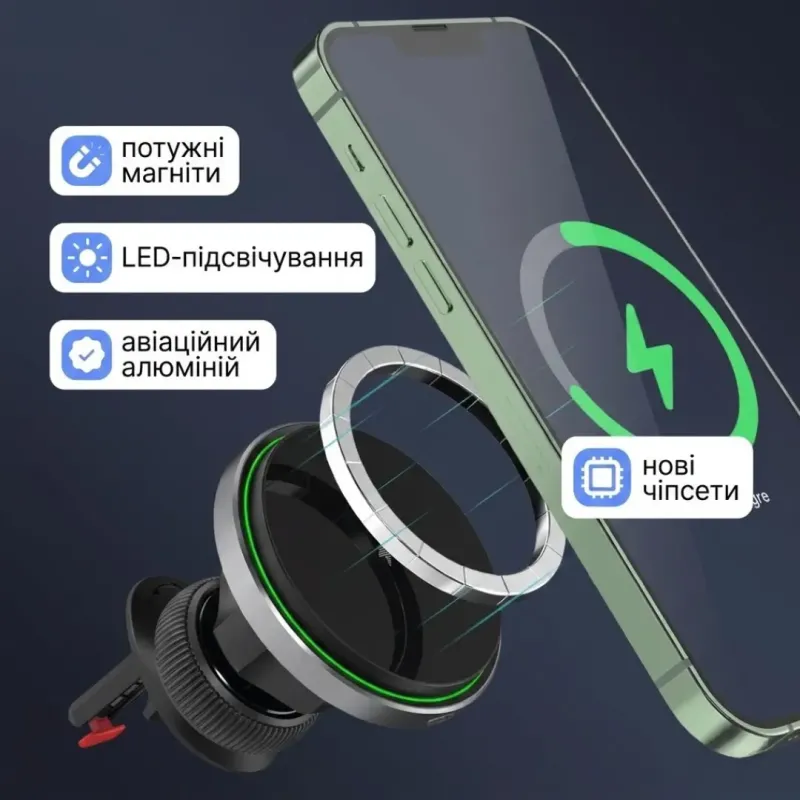 Беспроводная зарядка для iPhone с MagSafe магнитная быстрая для телефона iPhone 12, 13, 14, 15, 16, 17, автомобильное зарядное устройство адаптер держатель с магсейф в машину зарядник для айфон, 15 Вт